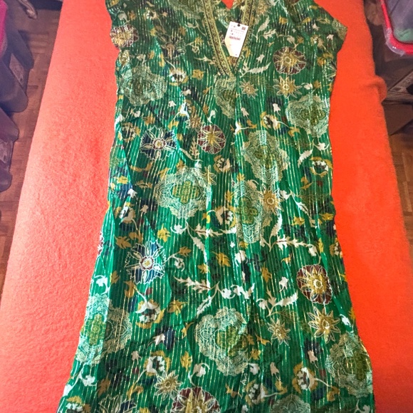 Zara green embellished metallic shimmery kaftan dress NWT - Picture 3 of 16